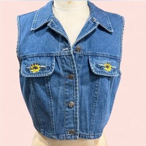 🌼 Vintage Denim Sunflower Embroidered Vest – Y2K Western Cute 🌼